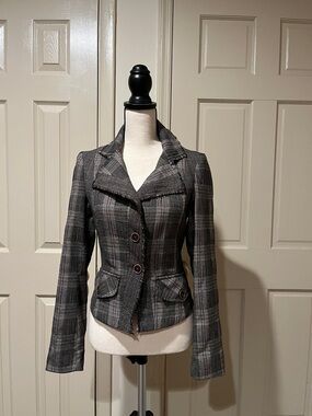 Promod Gray Plaid Fitted Blazer